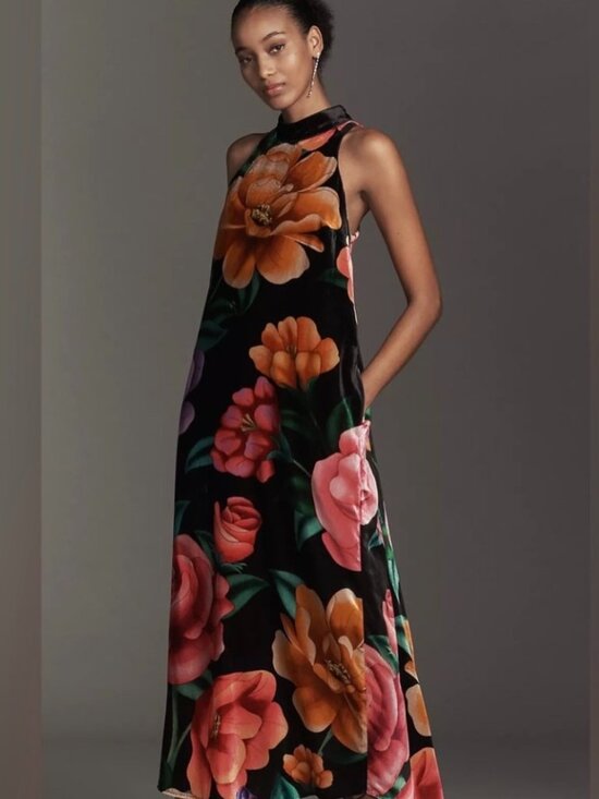 FARM Rio Dresses & Skirts - NWT Farm Rio x Anthropologie Mock-Neck Velvet Sleeveless Floral Midi Dress. Sz S